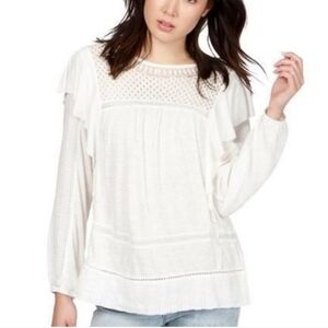 NWT Lucky Brand Ruffle Detail Sheer Neck Long Sleeve Top - Large